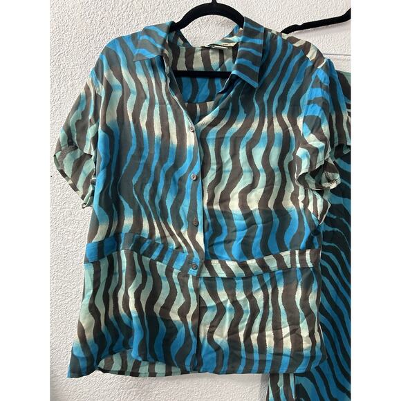 Vintage Peter Nygard Womens Sz 16 Blue Silk Abstract Striped Skirt & Blouse Set - Picture 2 of 16